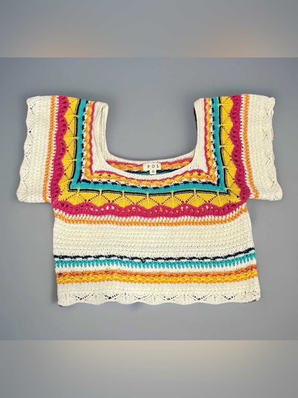 POL Boho Crochet Crop Top Small Multicolor Festival Coastal Cowgirl Y2K